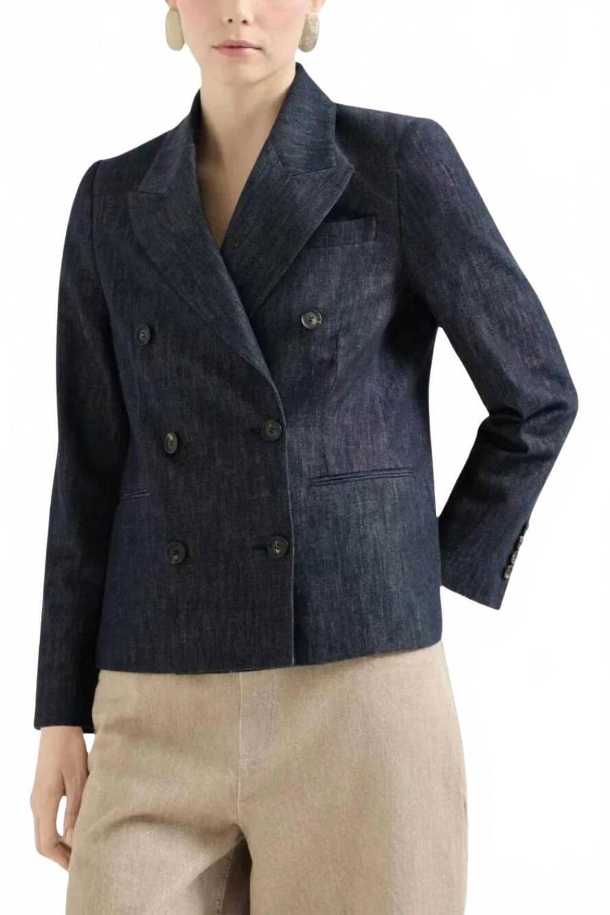 NEW BRUNELLO CUCINELLI cotton denim-effect twill blazer with monili in deep navy